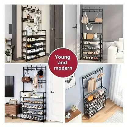 Entryway Coat Rack Hall Tree with Shoe Storage - Iron Shoe & Jacket Organizer