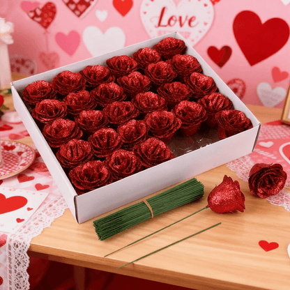 10 Piece Glitter Red Artificial Rose Bouquet for Wedding and Party Decor