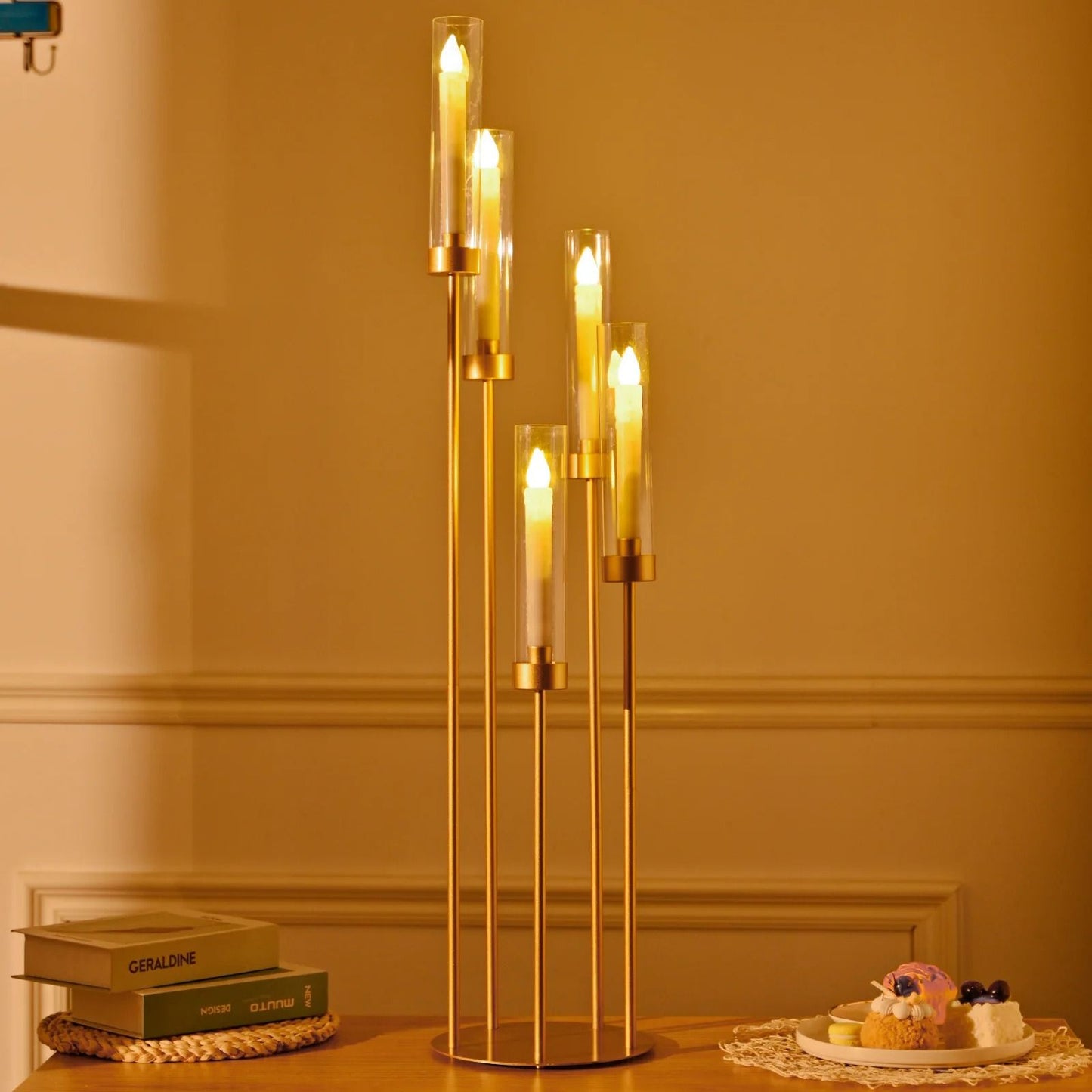 5-Arm Gold Tall Floor Candelabra with Acrylic Shades