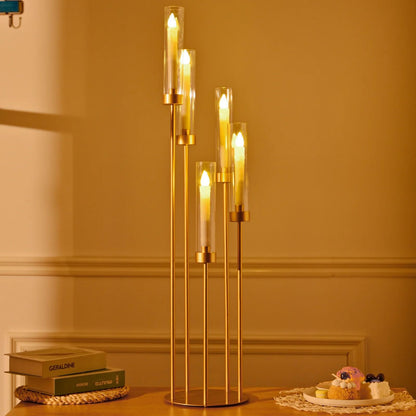 5-Arm Gold Tall Floor Candelabra with Acrylic Shades