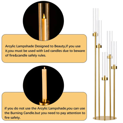 5-Arm Gold Tall Floor Candelabra with Acrylic Shades