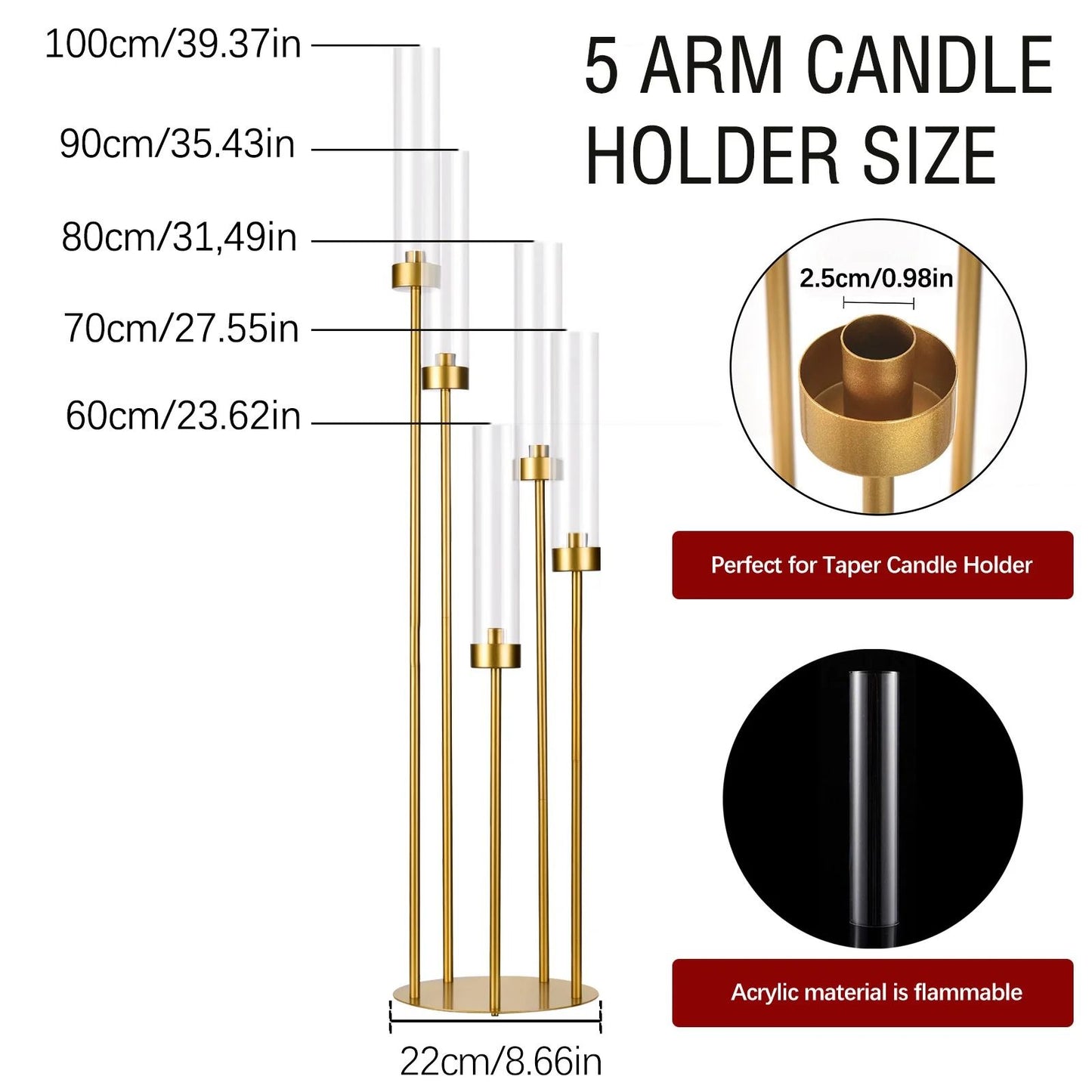 5-Arm Gold Tall Floor Candelabra with Acrylic Shades