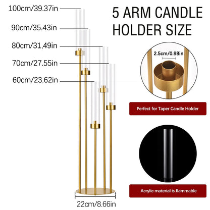 5-Arm Gold Tall Floor Candelabra with Acrylic Shades