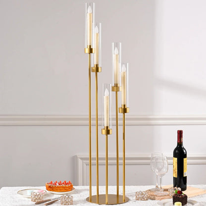 5-Arm Gold Tall Floor Candelabra with Acrylic Shades
