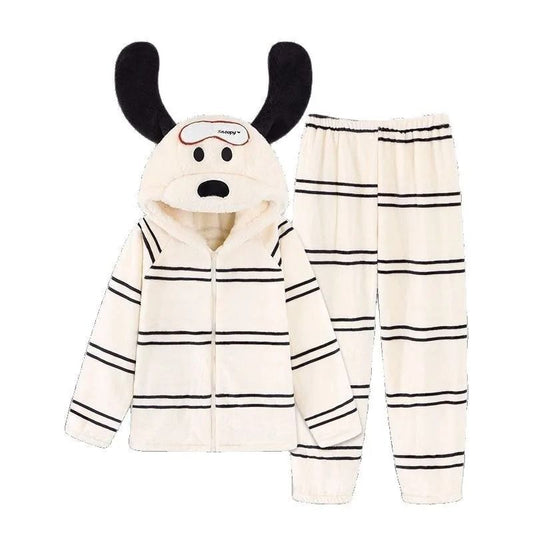 Womens Cartoon Puppy Hooded Coral Fleece Pajama Set Warm Winter Loungewear
