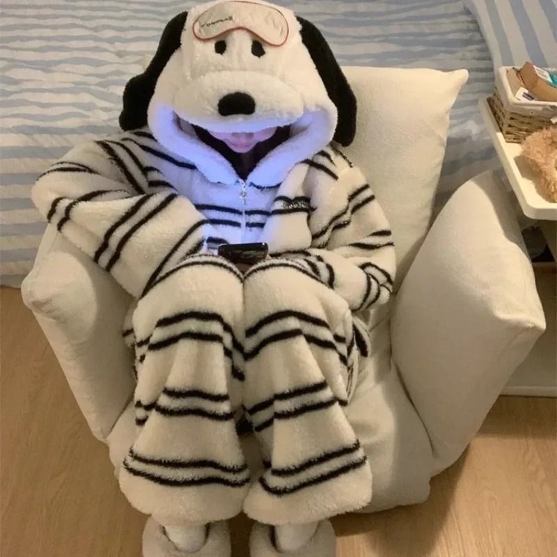 Womens Cartoon Puppy Hooded Coral Fleece Pajama Set Warm Winter Loungewear