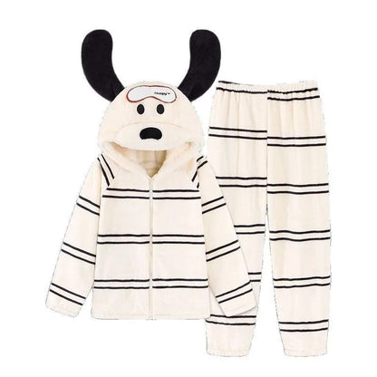 Womens Cartoon Puppy Hooded Coral Fleece Pajama Set Warm Winter Loungewear