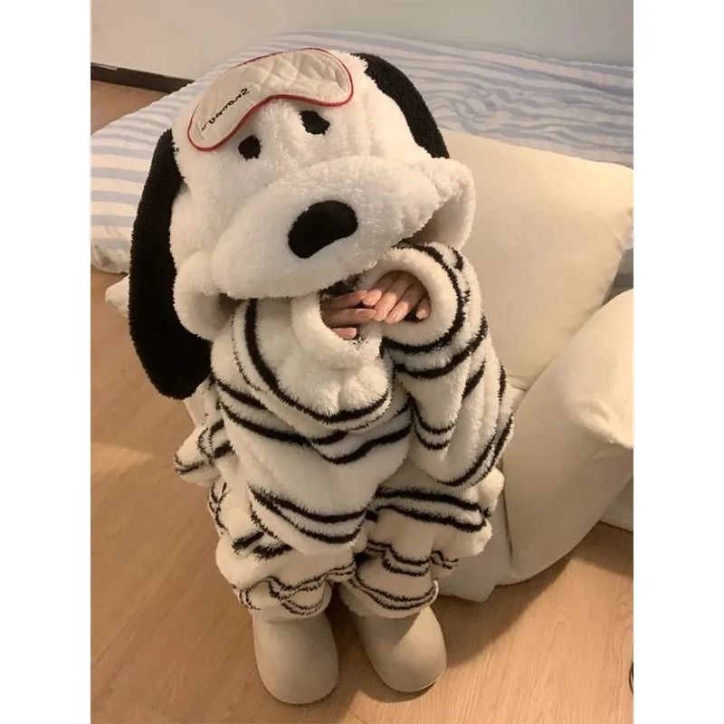 Womens Cartoon Puppy Hooded Coral Fleece Pajama Set Warm Winter Loungewear