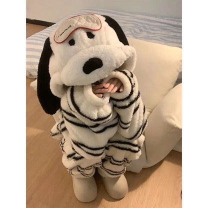 Womens Cartoon Puppy Hooded Coral Fleece Pajama Set Warm Winter Loungewear