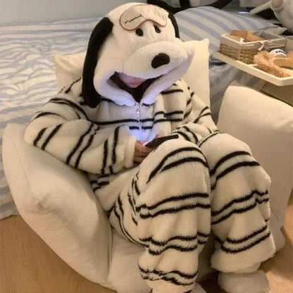 Womens Cartoon Puppy Hooded Coral Fleece Pajama Set Warm Winter Loungewear