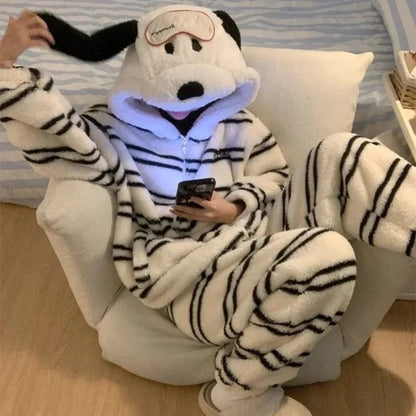 Womens Cartoon Puppy Hooded Coral Fleece Pajama Set Warm Winter Loungewear