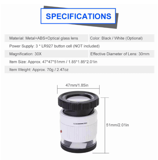 30x Pocket Magnifier with LED UV Light and Measuring Scale