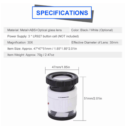30x Pocket Magnifier with LED UV Light and Measuring Scale