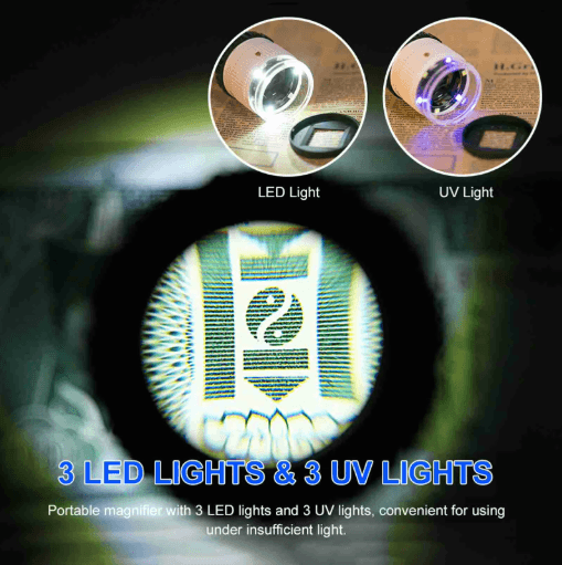 30x Pocket Magnifier with LED UV Light and Measuring Scale