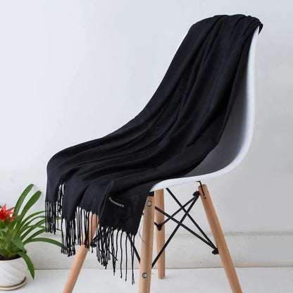 Designer Cashmere Feel Tassel Scarf – Solid Autumn Winter Pashmina Shawl Wrap