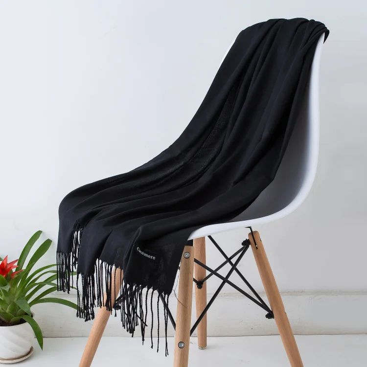 Designer Cashmere Feel Tassel Scarf – Solid Autumn Winter Pashmina Shawl Wrap