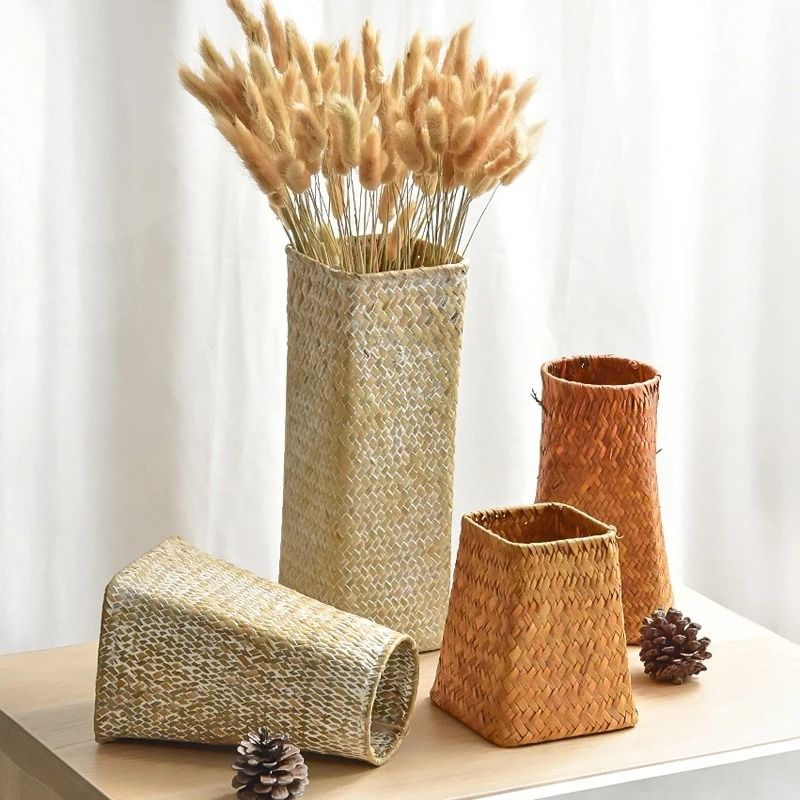 Natural Seaweed Weave Vase – High-Performance Pastoral Rattan & Bamboo Floral Arrangement Basket
