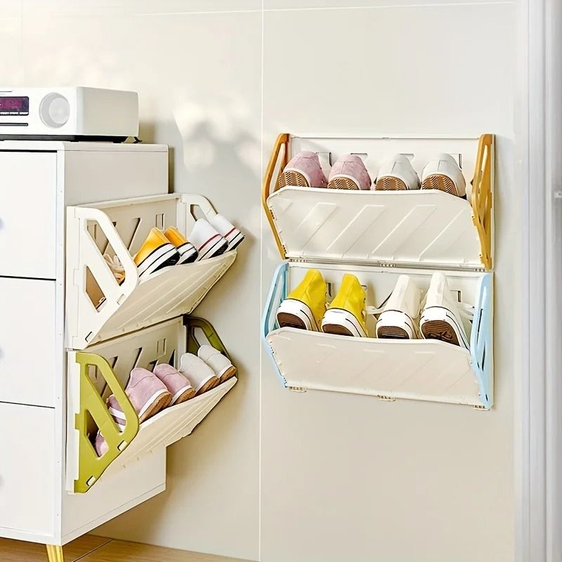 Wall Mounted Foldable Shoe Rack with Hidden Storage Shelf