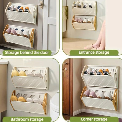 Wall Mounted Foldable Shoe Rack with Hidden Storage Shelf