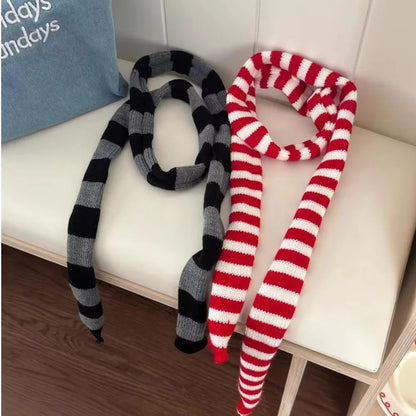 Harajuku Black & Grey Striped Long Skinny Scarf for Women – Cotton Silk Streetwear Neckerchief