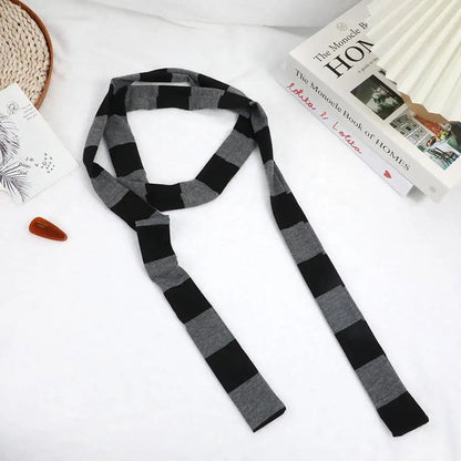 Harajuku Black & Grey Striped Long Skinny Scarf for Women – Cotton Silk Streetwear Neckerchief