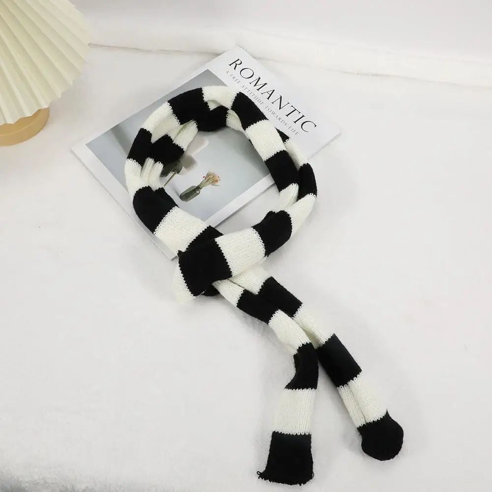 Harajuku Black & Grey Striped Long Skinny Scarf for Women – Cotton Silk Streetwear Neckerchief