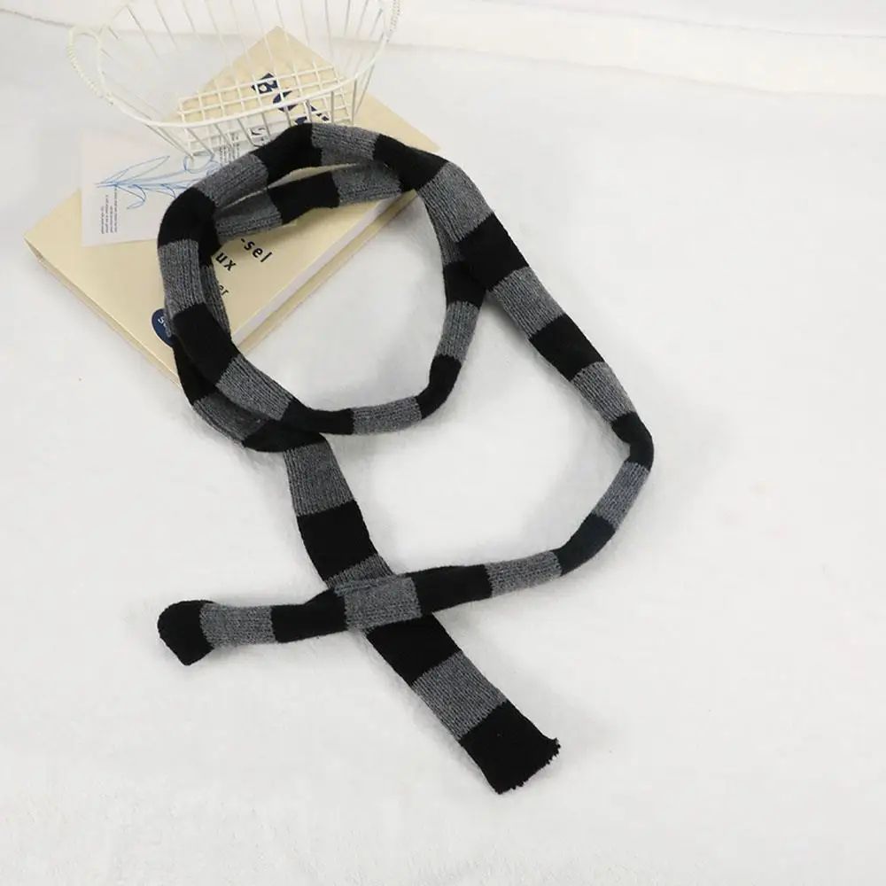 Harajuku Black & Grey Striped Long Skinny Scarf for Women – Cotton Silk Streetwear Neckerchief