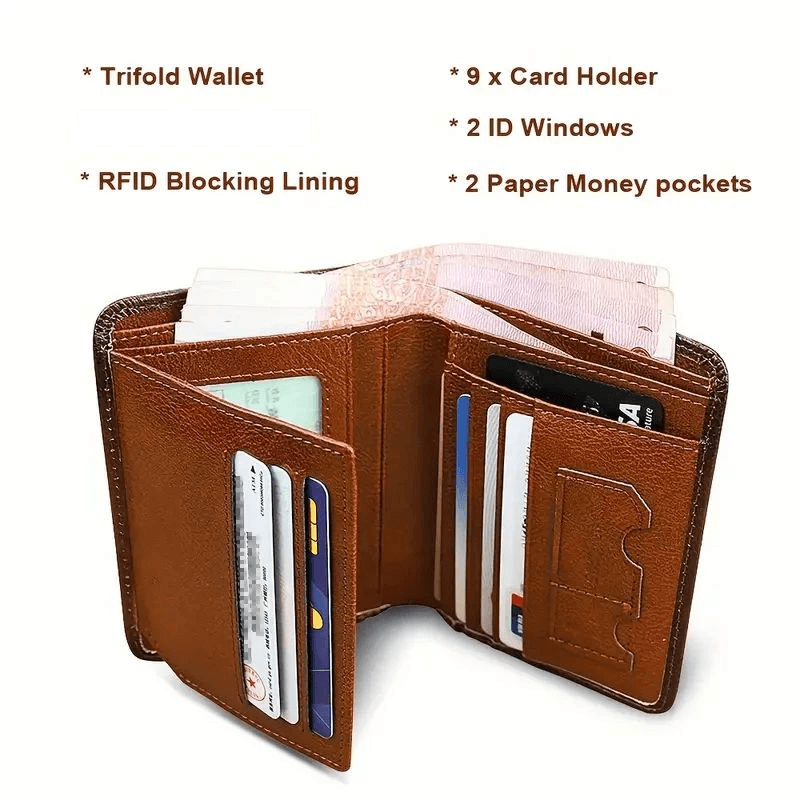 Men's RFID Trifold Wallet for Secure Daily Carry, Cards, Cash, and ID Organization