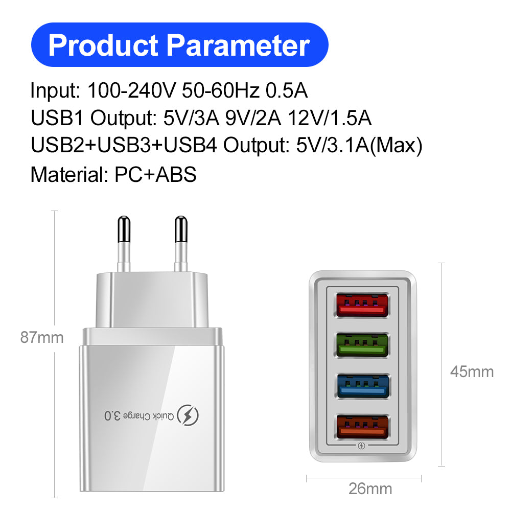 Quick Charge 3.0 USB Wall Charger 4 Port Fast Charging Adapter Travel Plug