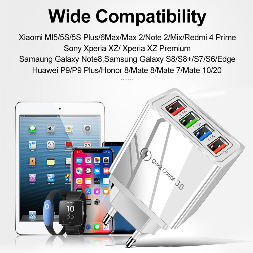 Quick Charge 3.0 USB Wall Charger 4 Port Fast Charging Adapter Travel Plug