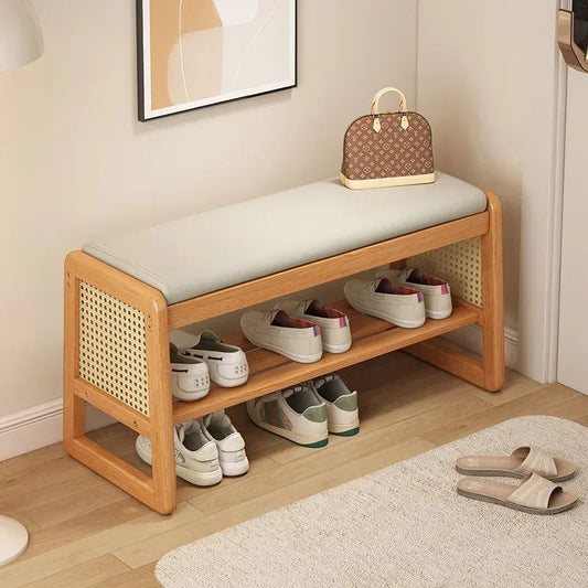 Teng Solid Wood Woven Shoe Bench – Multi-Layer Entryway Shoe Changing Stool with Storage