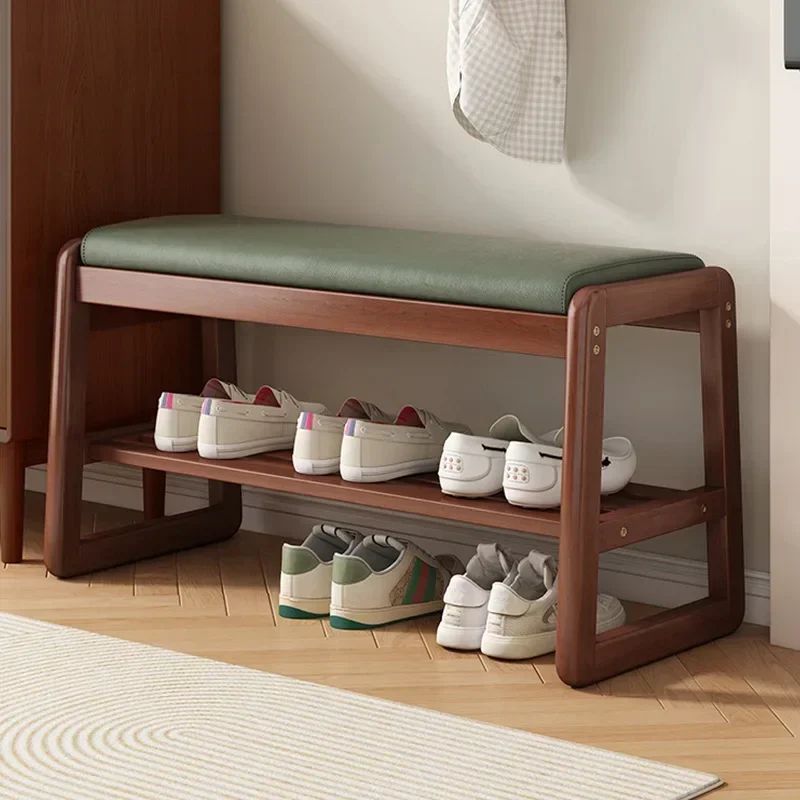 Teng Solid Wood Woven Shoe Bench – Multi-Layer Entryway Shoe Changing Stool with Storage