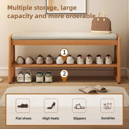 Teng Solid Wood Woven Shoe Bench – Multi-Layer Entryway Shoe Changing Stool with Storage