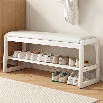 Teng Solid Wood Woven Shoe Bench – Multi-Layer Entryway Shoe Changing Stool with Storage