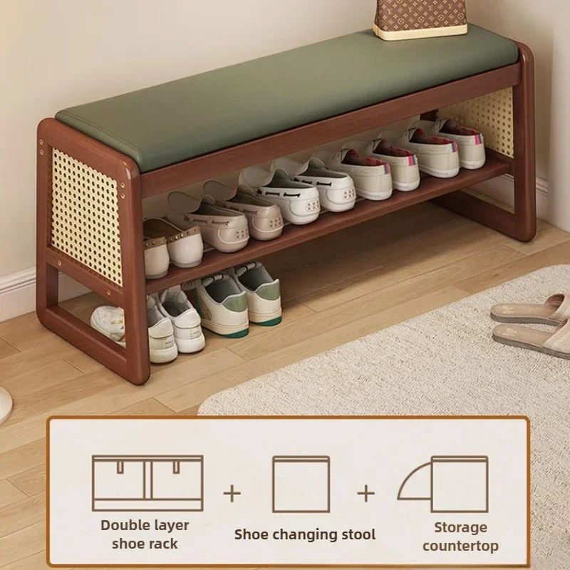 Teng Solid Wood Woven Shoe Bench – Multi-Layer Entryway Shoe Changing Stool with Storage