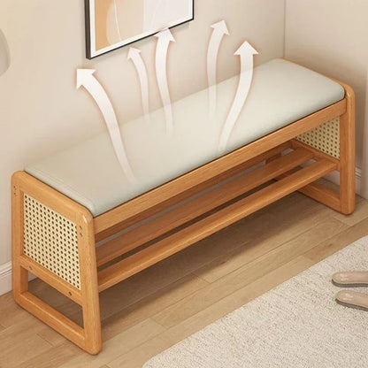 Teng Solid Wood Woven Shoe Bench – Multi-Layer Entryway Shoe Changing Stool with Storage