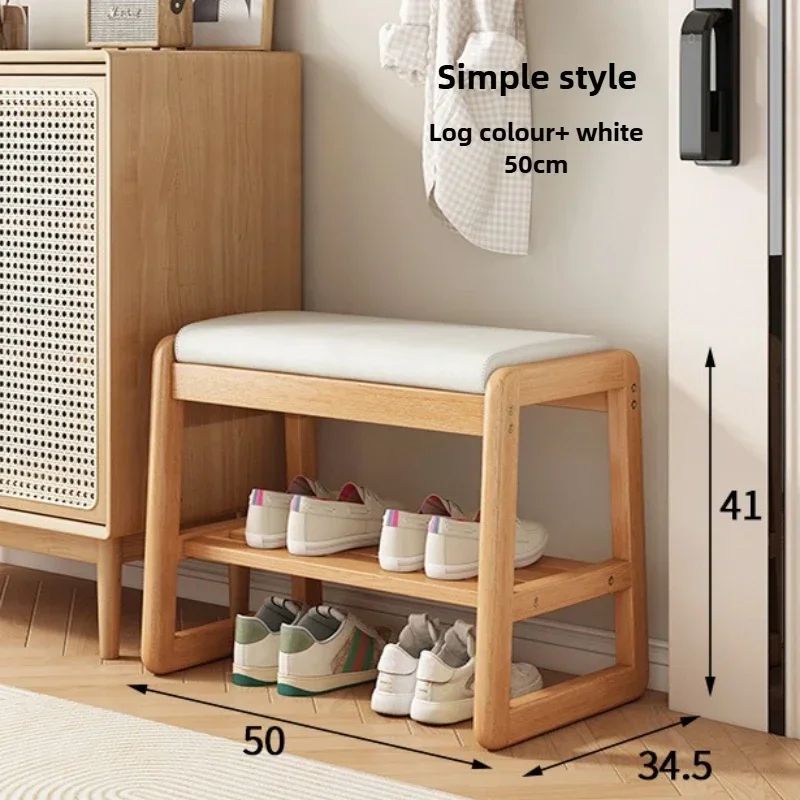 Teng Solid Wood Woven Shoe Bench – Multi-Layer Entryway Shoe Changing Stool with Storage