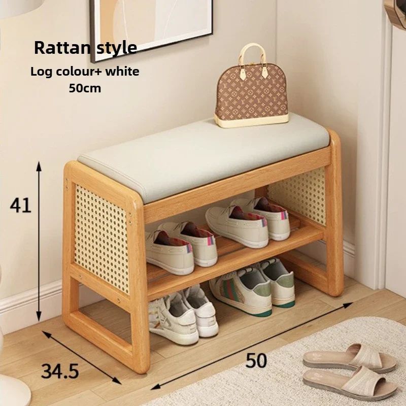 Teng Solid Wood Woven Shoe Bench – Multi-Layer Entryway Shoe Changing Stool with Storage