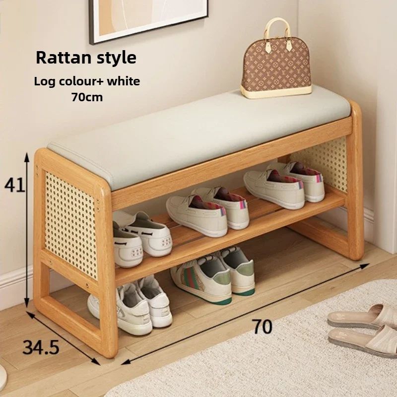 Teng Solid Wood Woven Shoe Bench – Multi-Layer Entryway Shoe Changing Stool with Storage