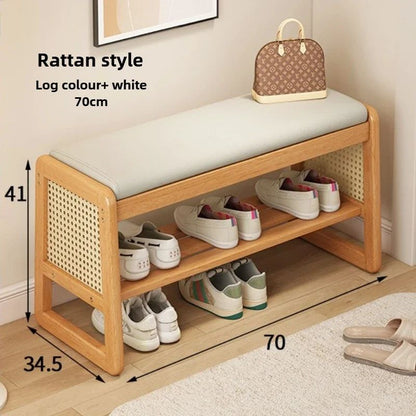Teng Solid Wood Woven Shoe Bench – Multi-Layer Entryway Shoe Changing Stool with Storage