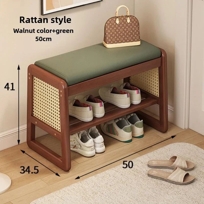 Teng Solid Wood Woven Shoe Bench – Multi-Layer Entryway Shoe Changing Stool with Storage