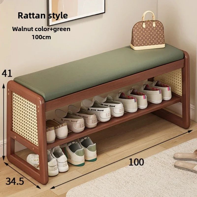 Teng Solid Wood Woven Shoe Bench – Multi-Layer Entryway Shoe Changing Stool with Storage