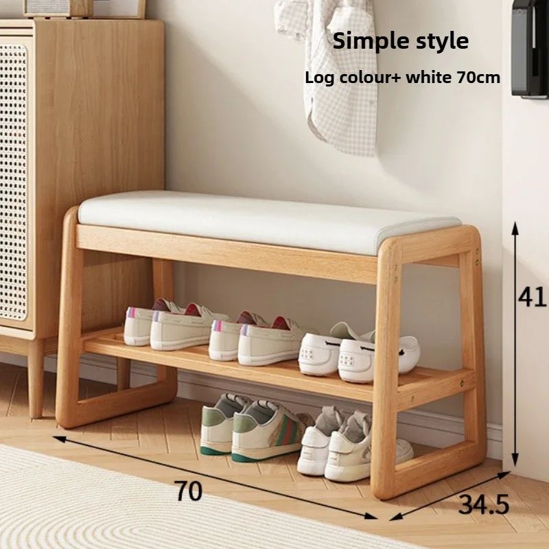 Teng Solid Wood Woven Shoe Bench – Multi-Layer Entryway Shoe Changing Stool with Storage