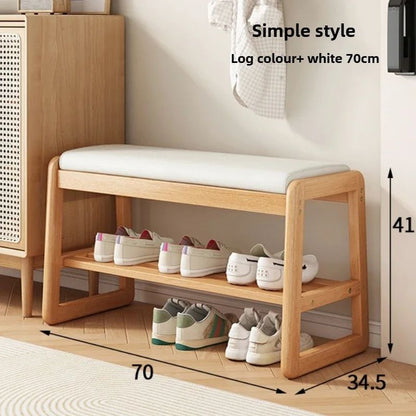 Teng Solid Wood Woven Shoe Bench – Multi-Layer Entryway Shoe Changing Stool with Storage