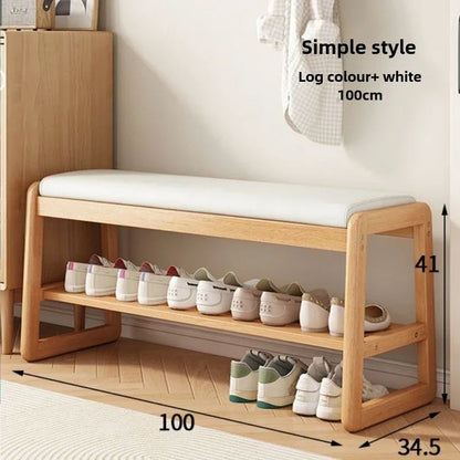 Teng Solid Wood Woven Shoe Bench – Multi-Layer Entryway Shoe Changing Stool with Storage