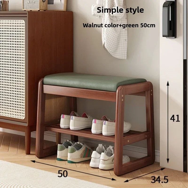 Teng Solid Wood Woven Shoe Bench – Multi-Layer Entryway Shoe Changing Stool with Storage