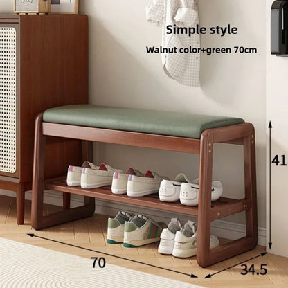 Teng Solid Wood Woven Shoe Bench – Multi-Layer Entryway Shoe Changing Stool with Storage