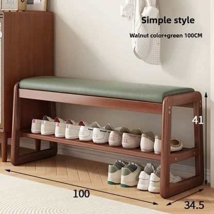 Teng Solid Wood Woven Shoe Bench – Multi-Layer Entryway Shoe Changing Stool with Storage