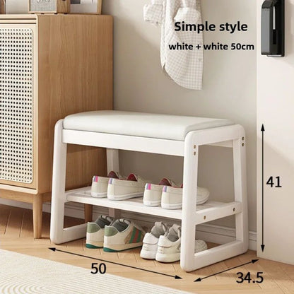 Teng Solid Wood Woven Shoe Bench – Multi-Layer Entryway Shoe Changing Stool with Storage