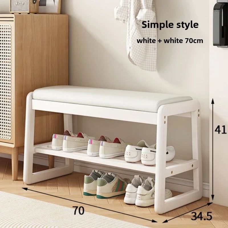 Teng Solid Wood Woven Shoe Bench – Multi-Layer Entryway Shoe Changing Stool with Storage